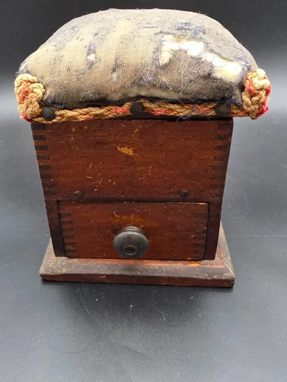 19th Century Antique Walnut Sewing Box Pin Cushion handmade vtg two compartments
